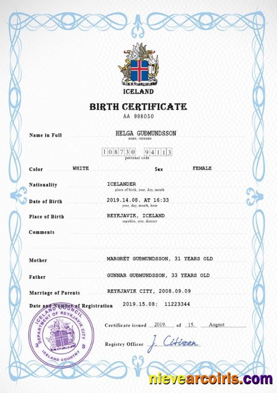 Iceland vital record birth certificate